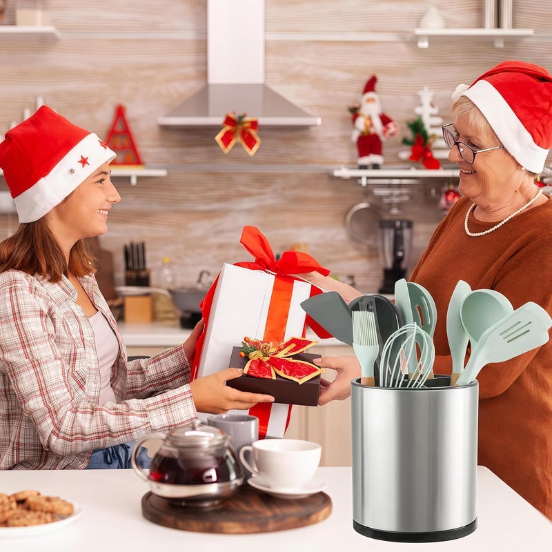 LIBODOUR Kitchen Utensil Holder Extra Large 360°Rotating For Counter Organizer Stainless Steel Storage Cooking Silverware Caddy 3 Compartment Flatware Spoon Spatula Tool Cutlery Container（Silvery） - Image 2